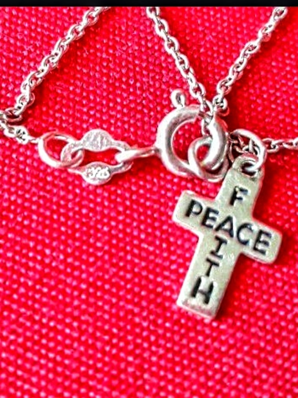 925 Peace Faith Cross Charm Necklace - 925 Sterling Silver. - Picture 3 of 6